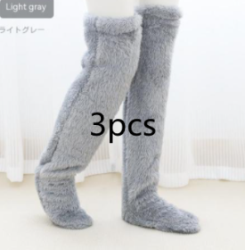 Over Knee High Fuzzy Long Socks Winter Warm Cold Leg Knee Joint Cold-proof Stockings Home Floor Sleeping Socks (Option: Silver Gray3pcs-Average Size)