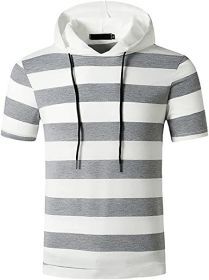 Men's New Muscle T-Shirt Gym Hooded Sports Short Sleeve Striped Slim T-Shirt (Color: Light gray-XL)