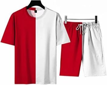 Men's Round Collar Suit 2 Piece Short Sports Set Short Shirt+ Pants Tracksuit Gym Suits (Color: RED+WHITE-XXL)