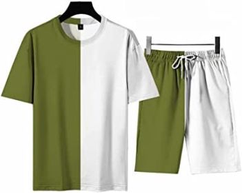 Men's Round Collar Suit 2 Piece Short Sports Set Short Shirt+ Pants Tracksuit Gym Suits (Color: GREEN+WHITE-XXL)