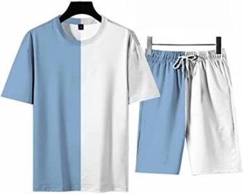 Men's Round Collar Suit 2 Piece Short Sports Set Short Shirt+ Pants Tracksuit Gym Suits (Color: LIGHT  BLUE+WHITE-M)