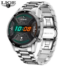 LIGE New BW0189 PRO Smart Watch Men Bluetooth Call Watch IP67 Waterproof Sports Fitness Watch For Android IOS Men Smart Watch (Color: steel strip silver)