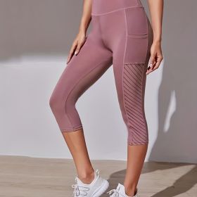 High Waist Yoga Capri Pants, Tummy Control Sports Legging Capri For Women With Out Pockets And Mesh Design (Color: Pale Pinkish Gray)