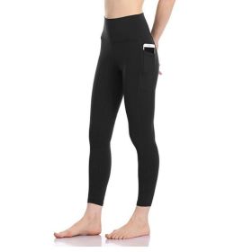 Women's High Waisted Yoga Pants 7/8 Length Leggings with Pockets (Color: Black)