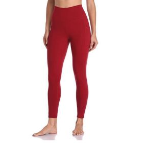 Women's High Waisted Yoga Pants 7/8 Length Leggings with Pockets (Color: Red)