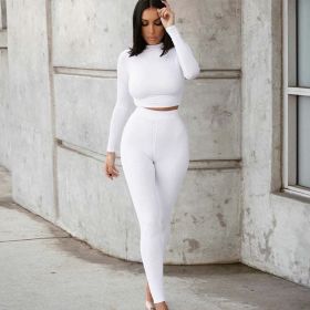 fashion tracksuit women turtleneck full sleeveless crop top+leggings matching set stretchy sporty fitness casual outfits (Color: White)